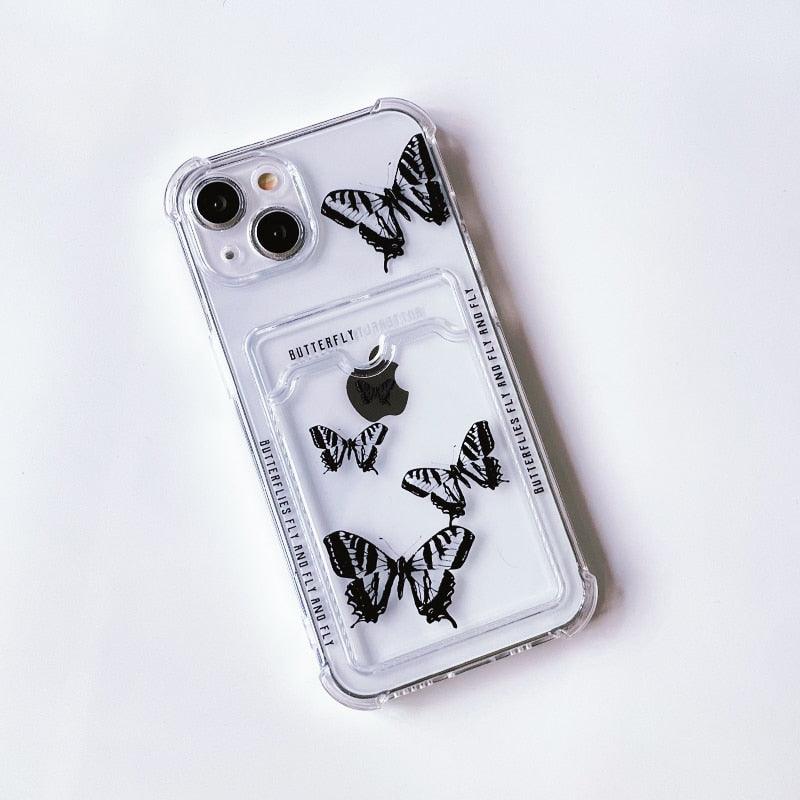 Transparent Butterfly Pattern Case For iPhone 14 Plus 13 12 11 Pro Max X XR XS Max Soft Card Slot Pocket Holder Wallet Cover Cute Butterfly Glitter Clear Phone Case Protective Cover With Card Holder