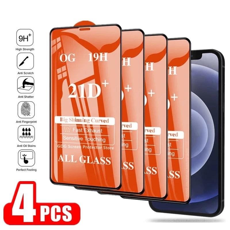 4Pcs 21D Tempered Glass for IPhone 13 11 Pro Max 12 Mini 7 8 6S Plus Screen Protectors for IPhone XS XR X SE Full Cover Glass High Quality Scratch Resistant Tempered Glass For iPhone