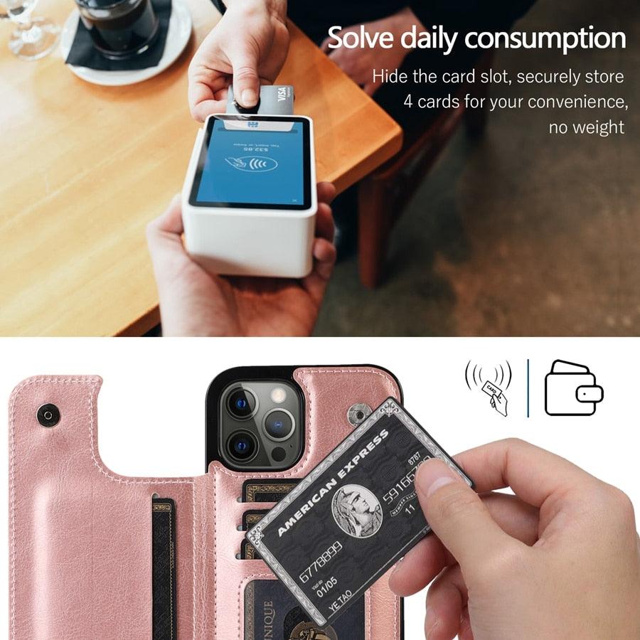 Wallet Stand Cover Flip Leather Case For iPhone 14 Pro Max 13 Pro Max 12 Pro Max 11 Pro Max Soft PU Leather Card Case With Kickstand Slim Double Magnetic Clasp Protective Cover