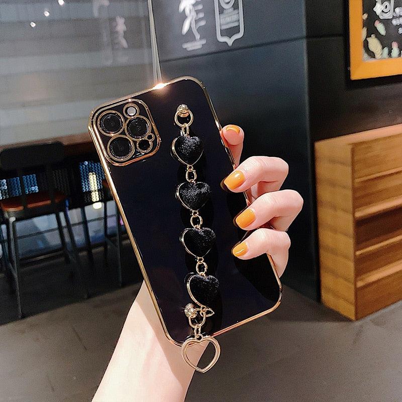 Luxury Women Silicone Phone Case Cover With Wrist Chain Bracelet for iPhone  Wristband Bracelet Hand Holder Cover for iPhone 13 12 11 Pro Max plating Case Heart Chain Cases for iPhone 7 8 Plus XR XS Max X