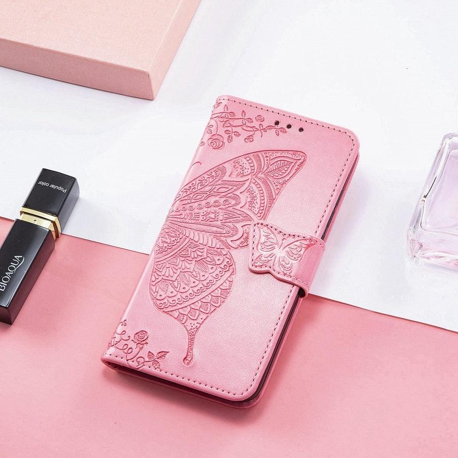 Luxury Pink Butterfly Flower Wallet Flip Case For iPhone 14 Pro Max 13 12 Classic Simple Leather Wallet Case with Card Holder Kickstand Wrist Strap Flip Cover for iPhone