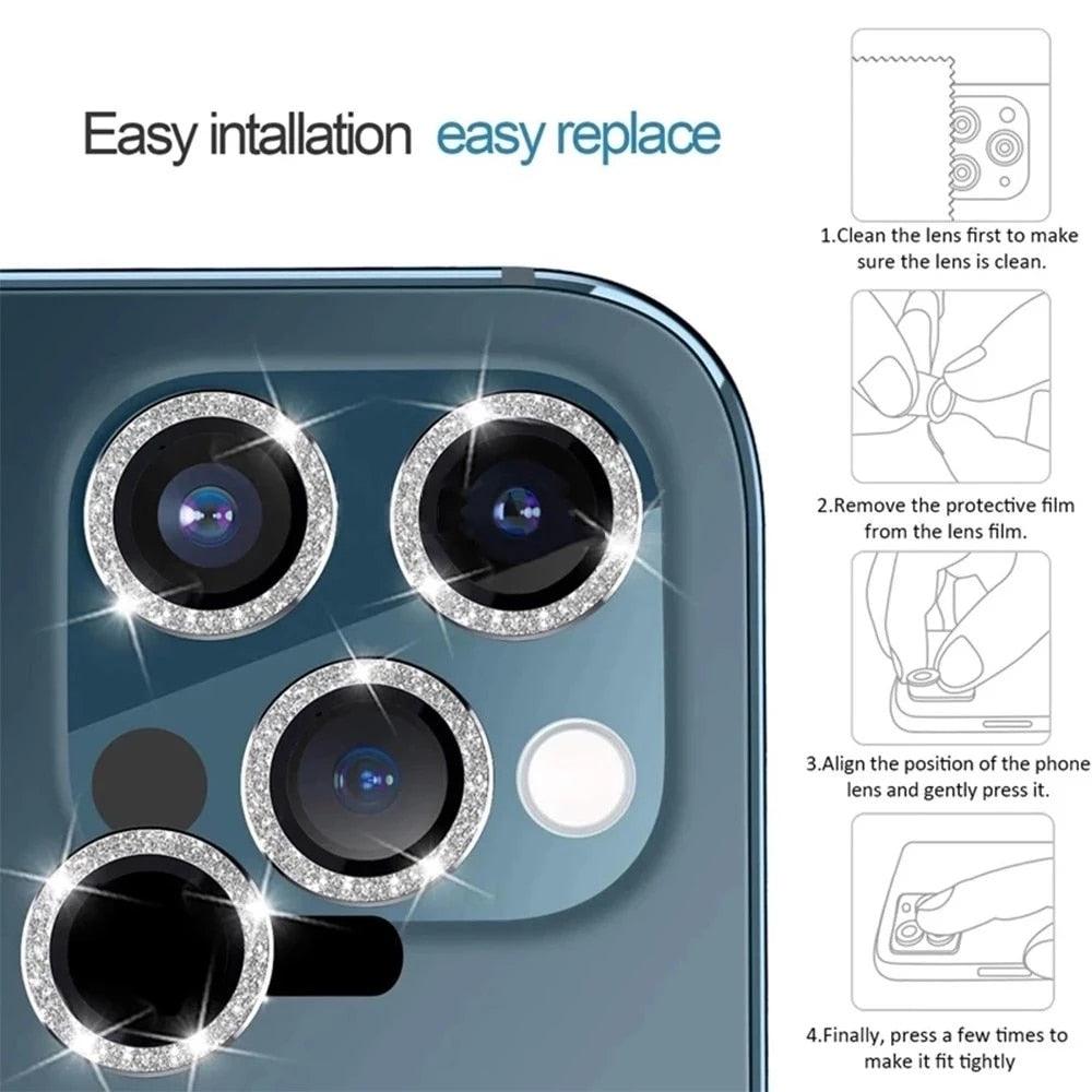 9H Tempered Glass Camera Cover Screen Protector Metal Individual Ring For iPhone Phone Glitter Camera Lens Protector Film For iPhone 14 13 12 11 Pro Max Luminous Lens Metal Glass Protective Cover