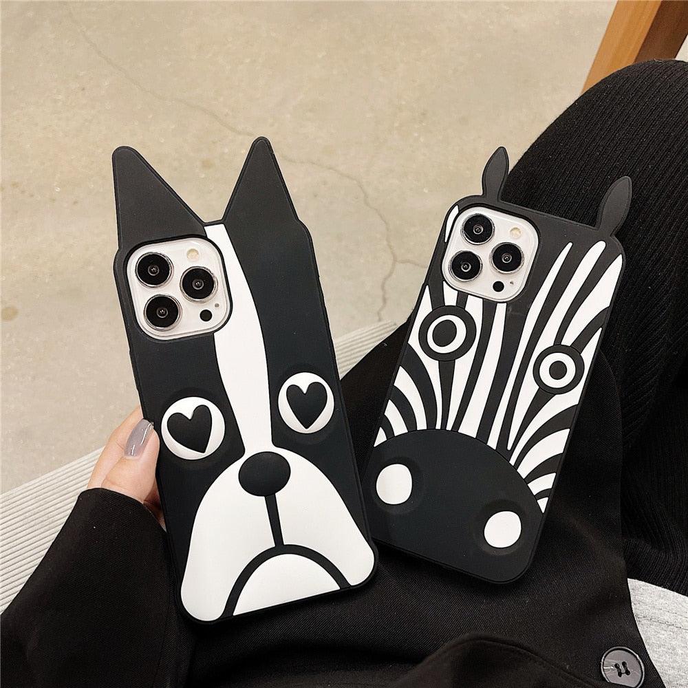 Cute 3D Little Ear Silicone Phone Case For Iphone 13 Pro Max X Xr Xs 11 12 Pro Max Cartoon Dog 3D Cartoon Puppy Black And White Color Cute Cover