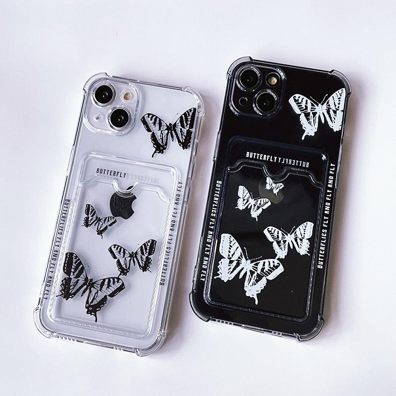 Transparent Butterfly Pattern Case For iPhone 14 Plus 13 12 11 Pro Max X XR XS Max Soft Card Slot Pocket Holder Wallet Cover Cute Butterfly Glitter Clear Phone Case Protective Cover With Card Holder