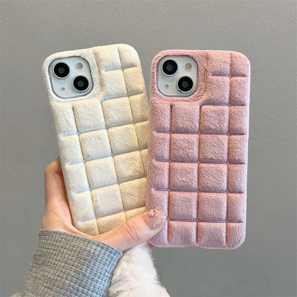 Fashion Fur Winter Warm Plush Square Lattice Solid Color Phone Case For iPhone 14 13 12 11 Pro Max Plus Fluffy Back Cover Case Silicon Soft Fluffy Furry Shockproof Protective Phone Case for iPhone