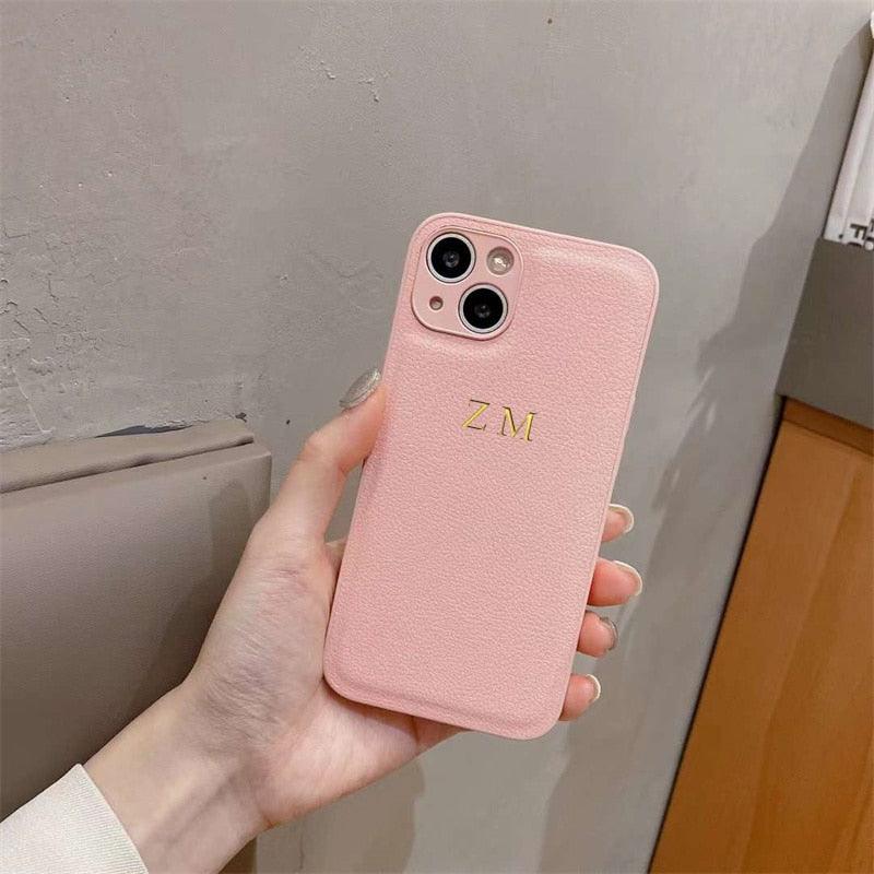 Personalised Case For iPhone 13 12 11 14 Pro Max Luxury Custom Name Cases Initial Letters Leather Case for Women and Men Ultra Slim Protective Waterproof Anti-Slip Leather Cover