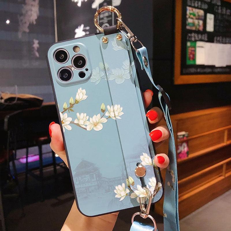 Ultra Luxury Case Cute Flower Design with Ring Kickstand Soft Crossbody Phone Cover for iPhone 13 14 Pro Max Case Fashion Crossbody Shoulder Strap Flower Leaf Phone Holder Cover for iPhone 12 11 X XR XS 7 8 Plus