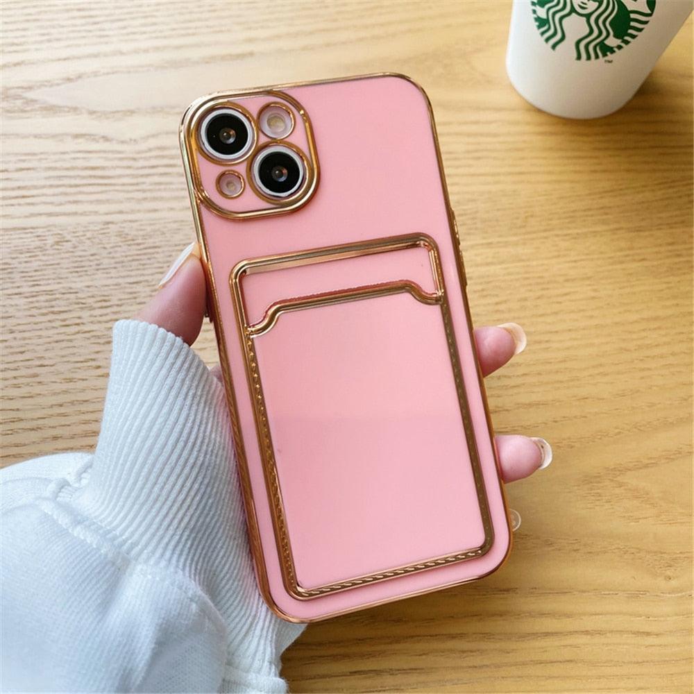 Luxury Plating Silicone Card Slot Holder Case For iPhone 14 12 13 Pro Max Elegant Women Soft Wallet Shockproof Cover Soft Bumper Beautiful Shiny Color Smartphone Case For Women