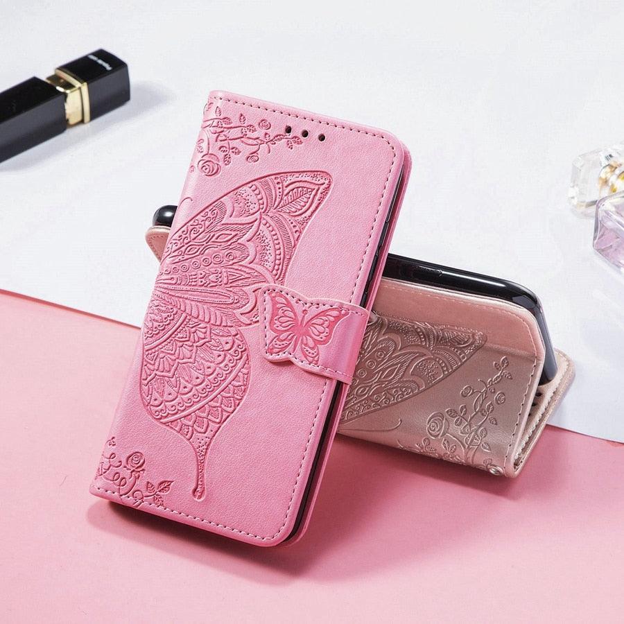 Luxury Pink Butterfly Flower Wallet Flip Case For iPhone 14 Pro Max 13 12 Classic Simple Leather Wallet Case with Card Holder Kickstand Wrist Strap Flip Cover for iPhone