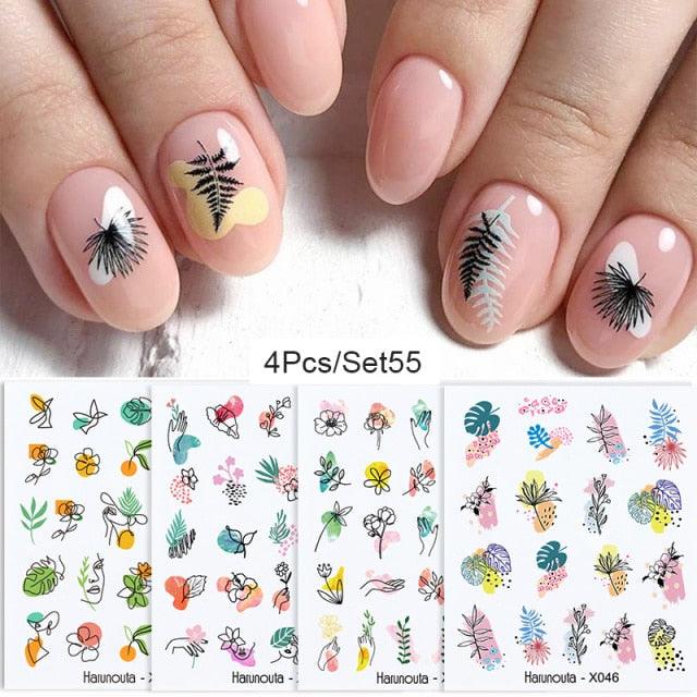 Abstract Lady Face Water Decals Fruit Flower Summer Leopard Alphabet Leaves Nail Stickers Water Black Leaf Sliders Marble Nail Art Stickers Water Transfer Nail Decals Full Wraps Gradient Acrylic Nail Kits for Women Manicure Decoration