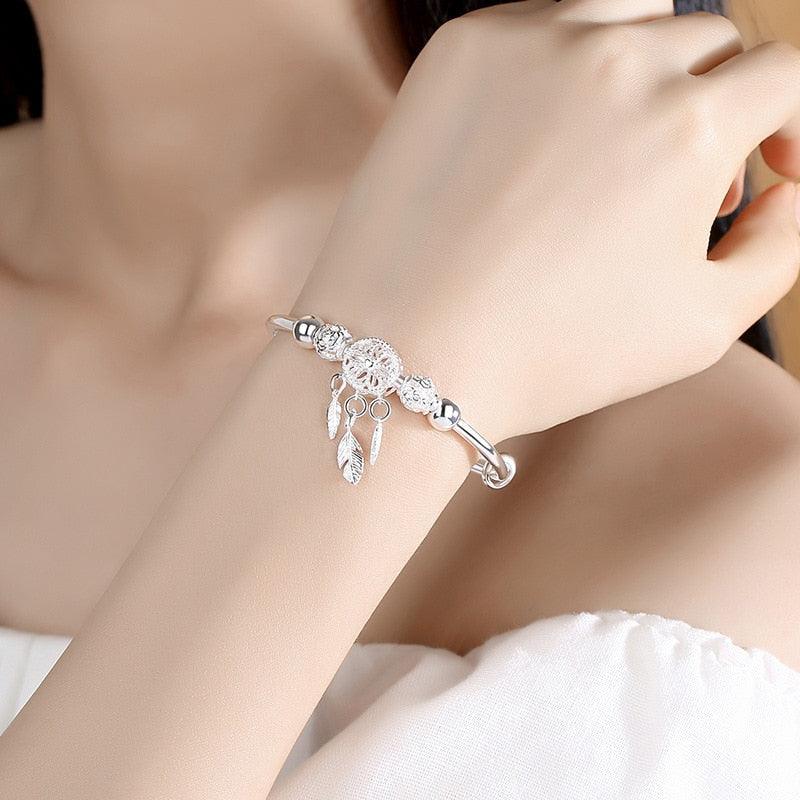 Adjustable Sterling Silver Dreamcatcher Feather Round Bead Charm Bracelet Bangle Adjustable Polished Hollow Out Bracelet For Women Girl Teen Mother Friend Friendship Cute Luxury Jewelry Birthday Gift