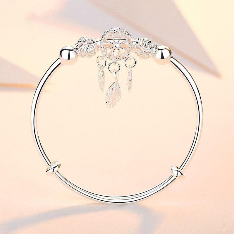 Adjustable Sterling Silver Dreamcatcher Feather Round Bead Charm Bracelet Bangle Adjustable Polished Hollow Out Bracelet For Women Girl Teen Mother Friend Friendship Cute Luxury Jewelry Birthday Gift