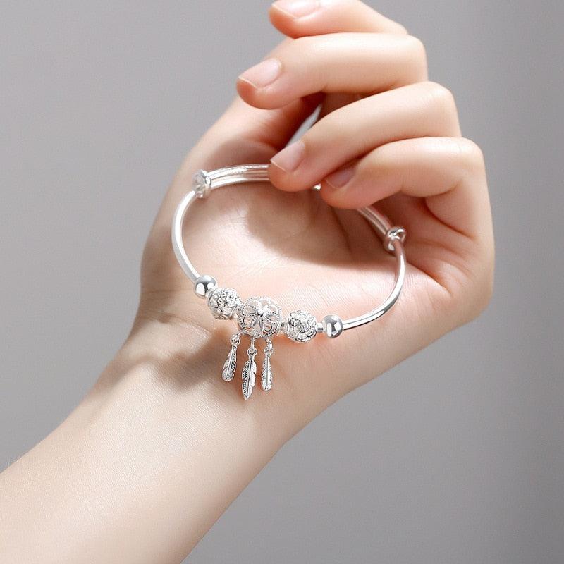 Adjustable Sterling Silver Dreamcatcher Feather Round Bead Charm Bracelet Bangle Adjustable Polished Hollow Out Bracelet For Women Girl Teen Mother Friend Friendship Cute Luxury Jewelry Birthday Gift