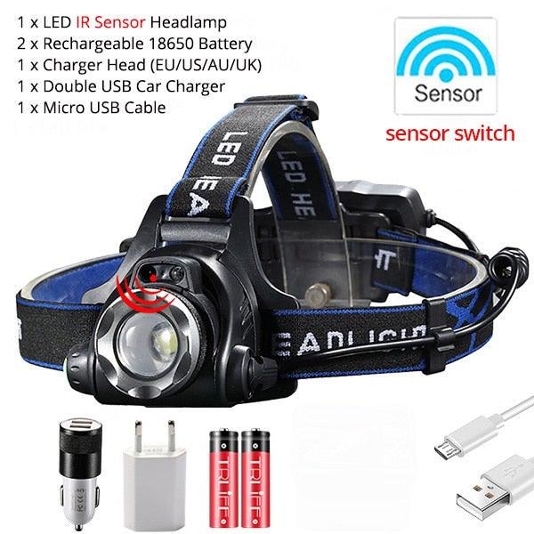 Adjustable USB Rechargeable IR Sensor Super Bright Headlight Battery For Long Working Time LED Headlamp Fishing Waterproof Head Light Lamp Perfect For Running Camping - STEVVEX Lamp - 200, Flashlight, Gadget, Headlamp, Headlight, lamp, LED Headlamp, Rechargeable Flashlight, Rechargeable Headlamp, Rechargeable Headlight, Rechargeable Headtorch, Rechargeable Torchlight, Waterproof Headlamp, Waterproof Headlight, Waterproof Torchlight - Stevvex.com