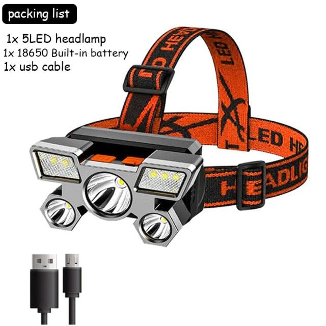 Adjustable USB Rechargeable Torch Lamp Built-in Battery 5 Led Strong Headlight Waterproof Rechargeable Super Bright Head-Mounted Flashlight For Outdoor Night Camping - STEVVEX Lamp - 200, Flashlight, Gadget, Headlamp, Headlight, Headtorch, lamp, Rechargeable Flashlight, Rechargeable Headlamp, Rechargeable Headlight, Rechargeable Torchlight, Waterproof Flashlight, Waterproof Headlamp, Waterproof Headlight, Waterproof Torchlight - Stevvex.com