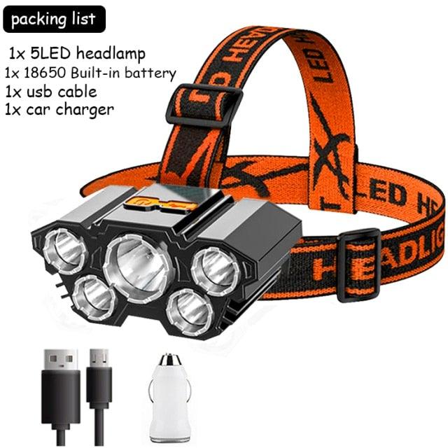 Adjustable USB Rechargeable Torch Lamp Built-in Battery 5 Led Strong Headlight Waterproof Rechargeable Super Bright Head-Mounted Flashlight For Outdoor Night Camping - STEVVEX Lamp - 200, Flashlight, Gadget, Headlamp, Headlight, Headtorch, lamp, Rechargeable Flashlight, Rechargeable Headlamp, Rechargeable Headlight, Rechargeable Torchlight, Waterproof Flashlight, Waterproof Headlamp, Waterproof Headlight, Waterproof Torchlight - Stevvex.com