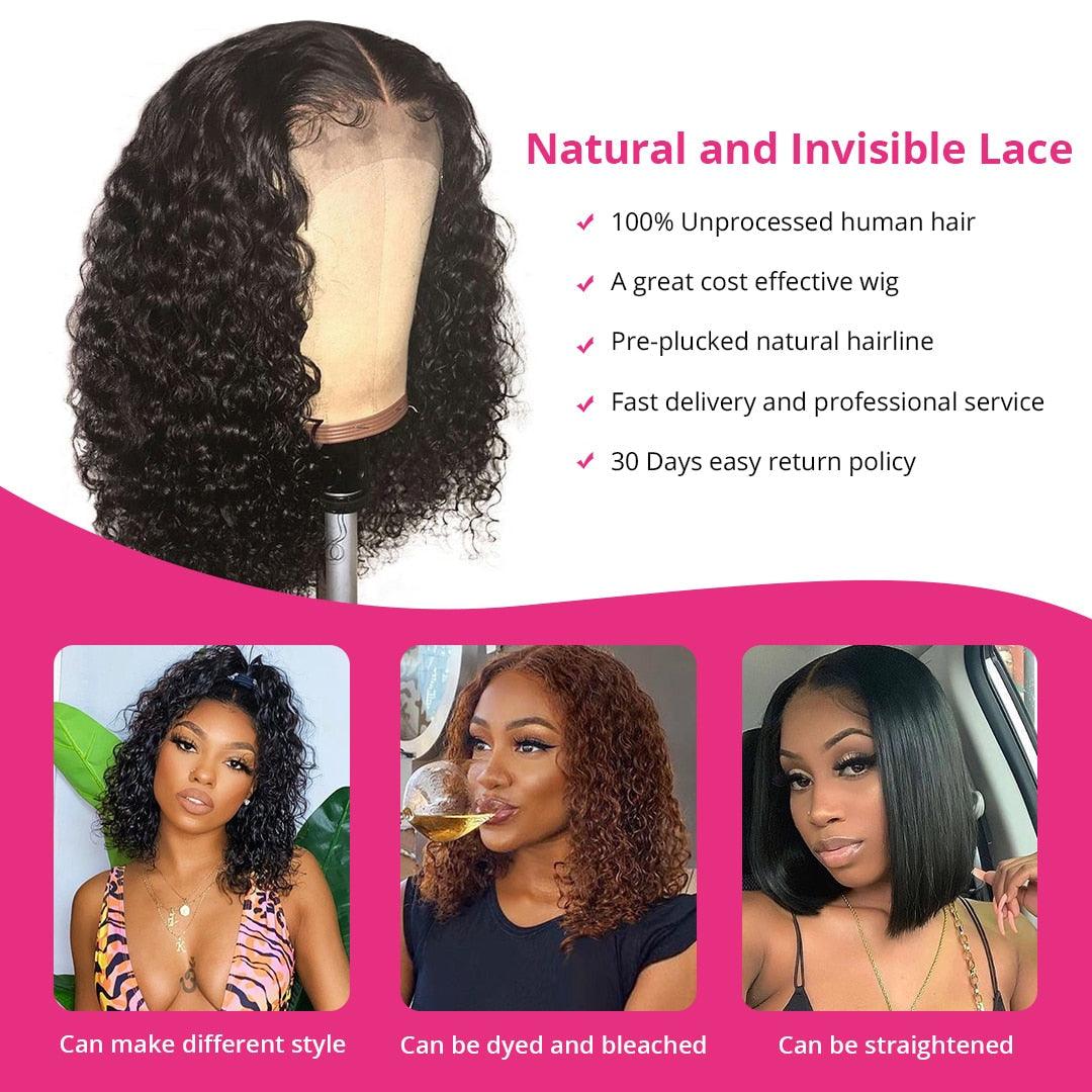 Afro Kinky Curly Wig Human Hair Wigs T Part Transparent Lace Short Curly Bob Wigs Thick Wigs For Women Human Hair Wigs Wigs For Black Women Gifts for Girlfriends