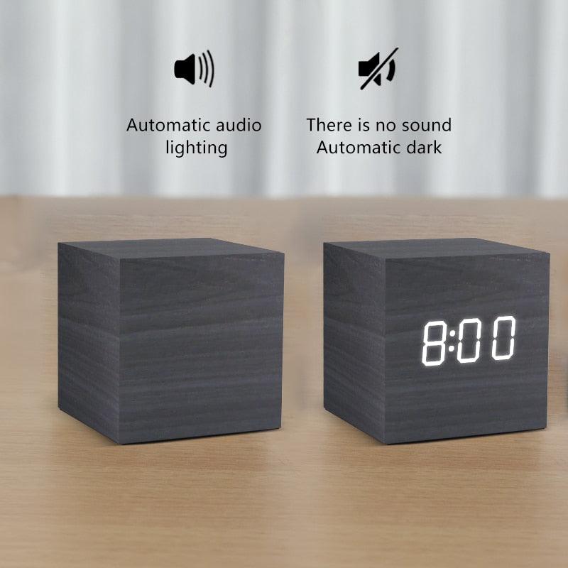 Alarm Clock LED Wooden Watch Digital Alarm Clock with Wooden Electronic LED Time Display 3 Alarm Settings Humidity & Temperature Detect Wood Made Electric Clocks Table Voice Control Digital Wood USB/AAA Powered Electronic Desktop Clocks