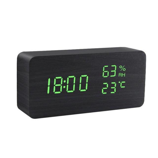 Alarm Clock LED Wooden Watch Digital Alarm Clock with Wooden Electronic LED Time Display 3 Alarm Settings Humidity & Temperature Detect Wood Made Electric Clocks Table Voice Control Digital Wood USB/AAA Powered Electronic Desktop Clocks