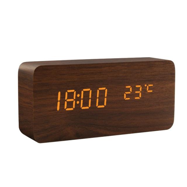 Alarm Clock LED Wooden Watch Digital Alarm Clock with Wooden Electronic LED Time Display 3 Alarm Settings Humidity & Temperature Detect Wood Made Electric Clocks Table Voice Control Digital Wood USB/AAA Powered Electronic Desktop Clocks