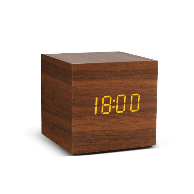 Alarm Clock LED Wooden Watch Digital Alarm Clock with Wooden Electronic LED Time Display 3 Alarm Settings Humidity & Temperature Detect Wood Made Electric Clocks Table Voice Control Digital Wood USB/AAA Powered Electronic Desktop Clocks