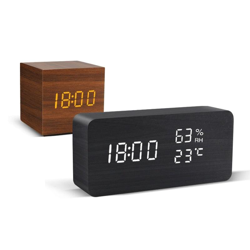 Alarm Clock LED Wooden Watch Digital Alarm Clock with Wooden Electronic LED Time Display 3 Alarm Settings Humidity & Temperature Detect Wood Made Electric Clocks Table Voice Control Digital Wood USB/AAA Powered Electronic Desktop Clocks