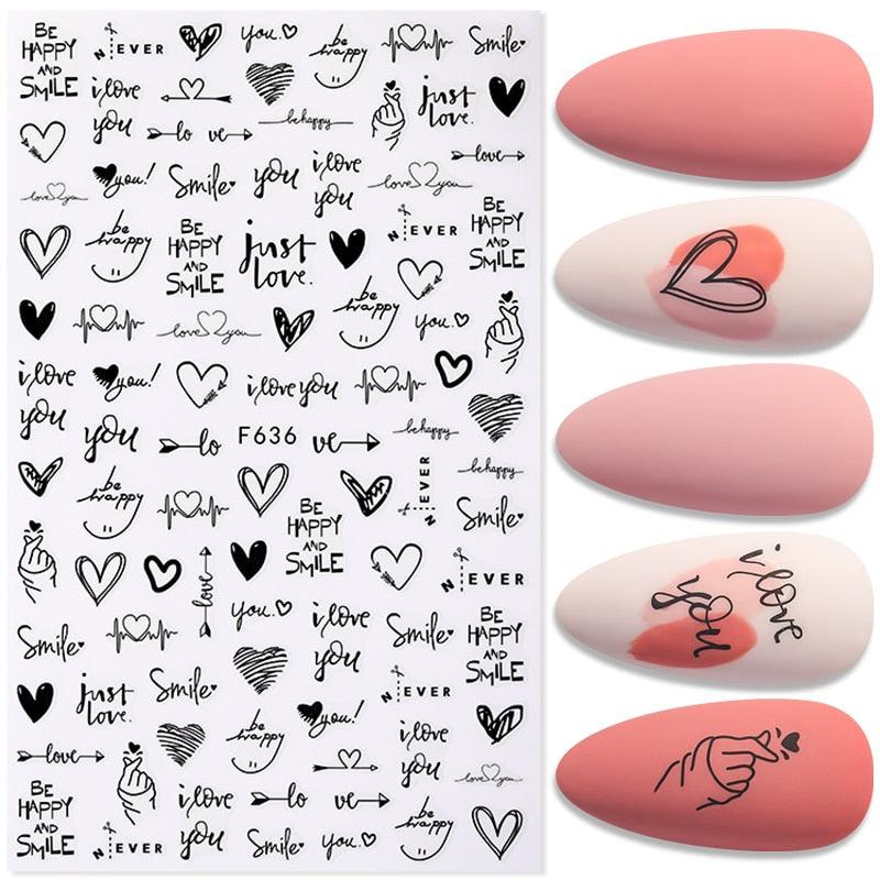 Alphabet Love Shaped  Pattern 3D Nail Stickers Slider Valentine Day Decals Foil For Love Nail Art Decoration Pop Art Nail Stickers Sexy Girl Designs Comics Water Transfer Decals Manicure Lips Nail Art Decorations Slider Nail Art Stickers