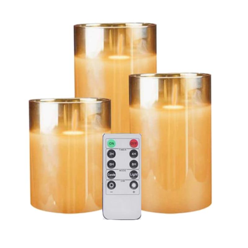 Amber Glass LED Flameless Candles Real Pillar Wax Flickering Moving Wick Effect Gold Halloween Glass Candle Set with Remote Control Cycling Timer Flickering With Remote Battery Operated For Wedding Festival Decorations Gift