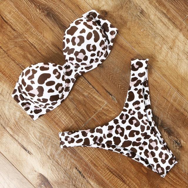 Animal Print Leopard Bikini Push Up Swimsuit Women Bikini Set Bathing Suit Bandeau Beach Wear Swimwear Women Casual Leopard Printed Triangle High Waist Two Piece Bikini Sets