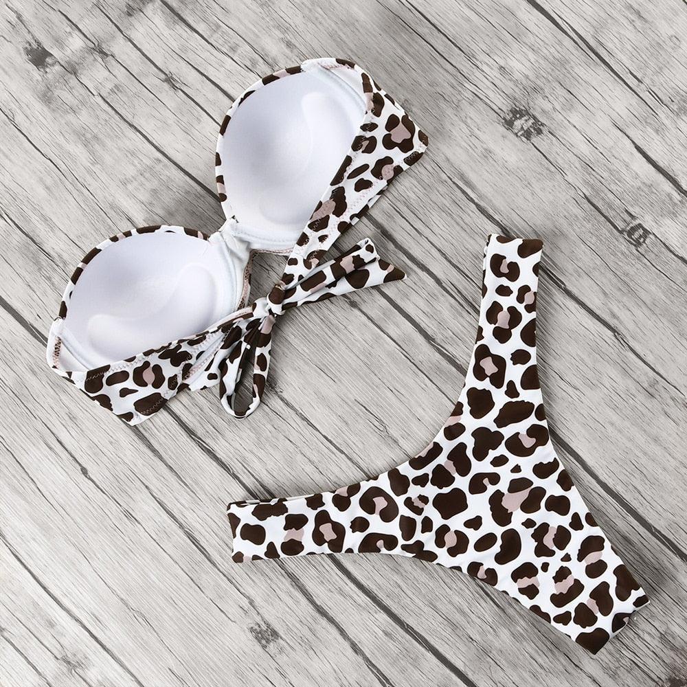 Animal Print Leopard Bikini Push Up Swimsuit Women Bikini Set Bathing Suit Bandeau Beach Wear Swimwear Women Casual Leopard Printed Triangle High Waist Two Piece Bikini Sets