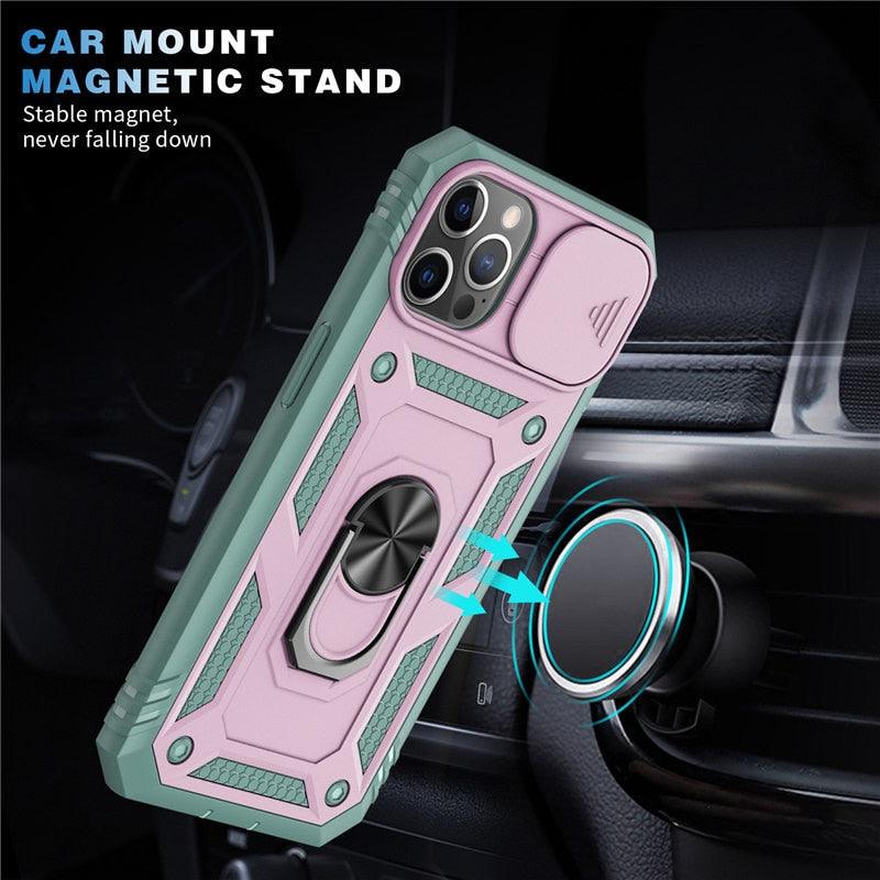 Armor Shockproof Phone Case For iPhone 13 12 11 Pro Max X XR XS Max 11 13 Pro Magnetic Ring Stand Holder Back Cover Slide Camera Cover & Kickstand Built-in 360° Rotate Ring Stand Magnetic Cover Case