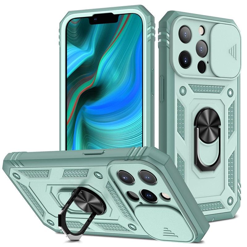 Armor Shockproof Phone Case For iPhone 13 12 11 Pro Max X XR XS Max 11 13 Pro Magnetic Ring Stand Holder Back Cover Slide Camera Cover & Kickstand Built-in 360° Rotate Ring Stand Magnetic Cover Case