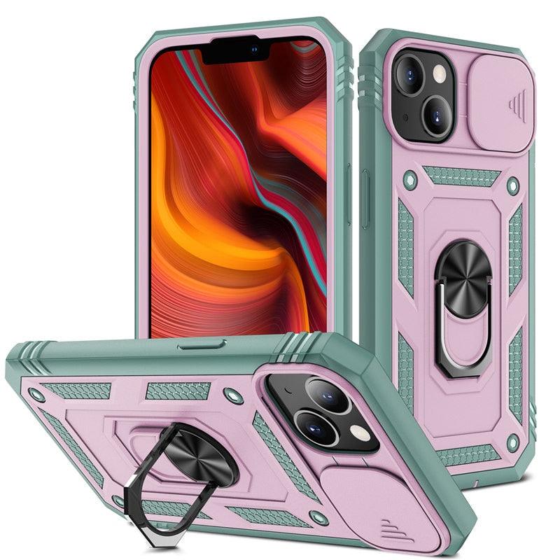 Armor Shockproof Phone Case For iPhone 13 12 11 Pro Max X XR XS Max 11 13 Pro Magnetic Ring Stand Holder Back Cover Slide Camera Cover & Kickstand Built-in 360° Rotate Ring Stand Magnetic Cover Case