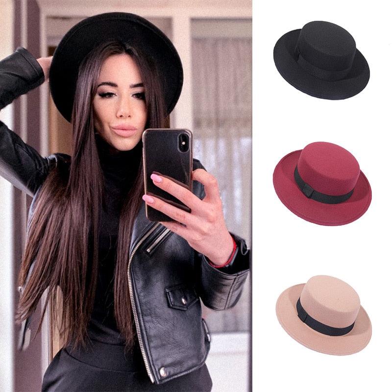 Autumn Winter Polyester Flat Top Hat For Women's Luxury Wide Fedora Hat Jazz Cap Classic Wide Hat Women Comfortable Elegant Hat For Summer Classic Design