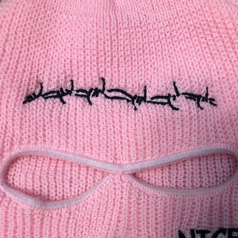 Autumn Winter Ski Mask 3-Hole Knit Hat Full Face Cover Balaclava Hats Funny Party Embroidery Beanies Caps Hole Knitted Full Face Cover Ski Neck Gaiter, Winter Balaclava Warm Knit Beanie for Outdoor Sports Outdoor Full Face Cover Thermal Ski Mask One Size