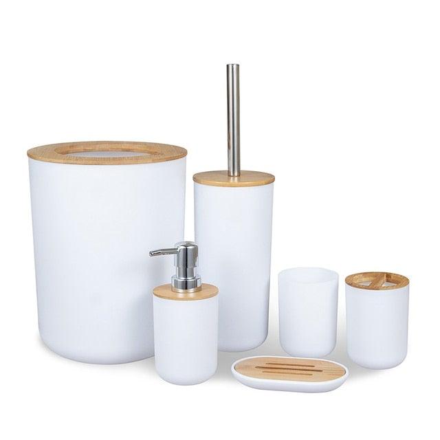 Bamboo Bathroom Accessories Set Plastic Bathroom Kit Soap Dispenser Toothbrush Cup Soap Dish Toilet Brush Holder Trash Can Bathroom Accessories Toothbrush Holder Toothbrush Cup Soap Dispenser Soap Dish Toilet Brush Holder Trash Can For Home Apartment