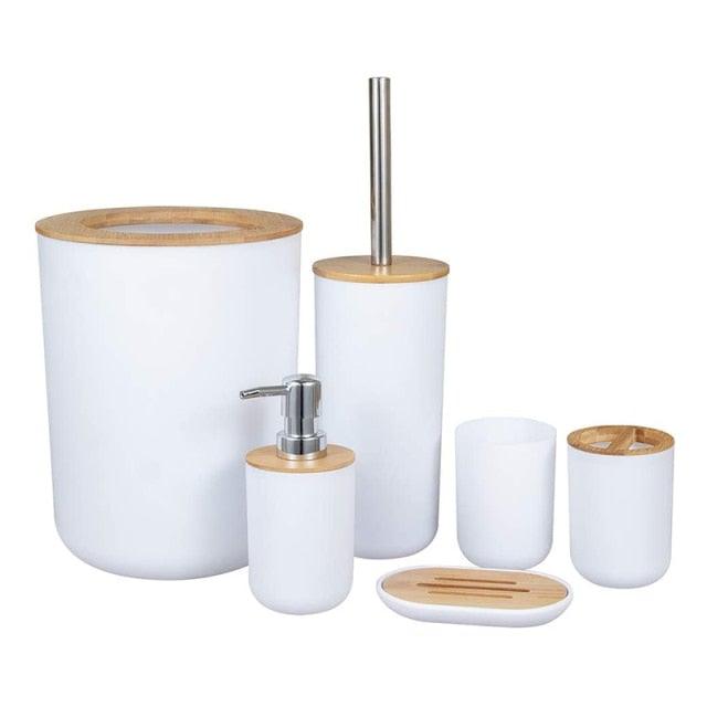 Bamboo Bathroom Accessories Set Plastic Bathroom Kit Soap Dispenser Toothbrush Cup Soap Dish Toilet Brush Holder Trash Can Bathroom Accessories Toothbrush Holder Toothbrush Cup Soap Dispenser Soap Dish Toilet Brush Holder Trash Can For Home Apartment