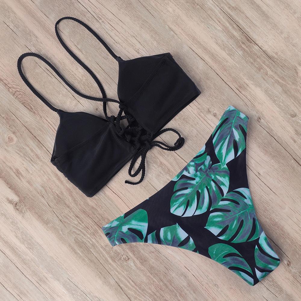 Bandage Bikini Swimsuit Swimwear Women Thong Push Up Bikinis Set Women's Swimming Suit Bathing Suit Women's V Neck Bikini Set Low Waist Floral Printed Bikini Bottom Two Piece Bathing Suits