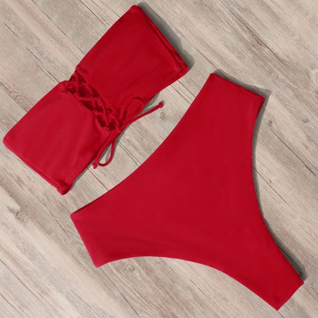 Bandage Bikini Swimwear Women Swimsuit High Waist Bikini Set Bathing Suit Push Up Women's Spaghetti Strap Bandeau Lace Up High Waist 2PCS Bikini Set