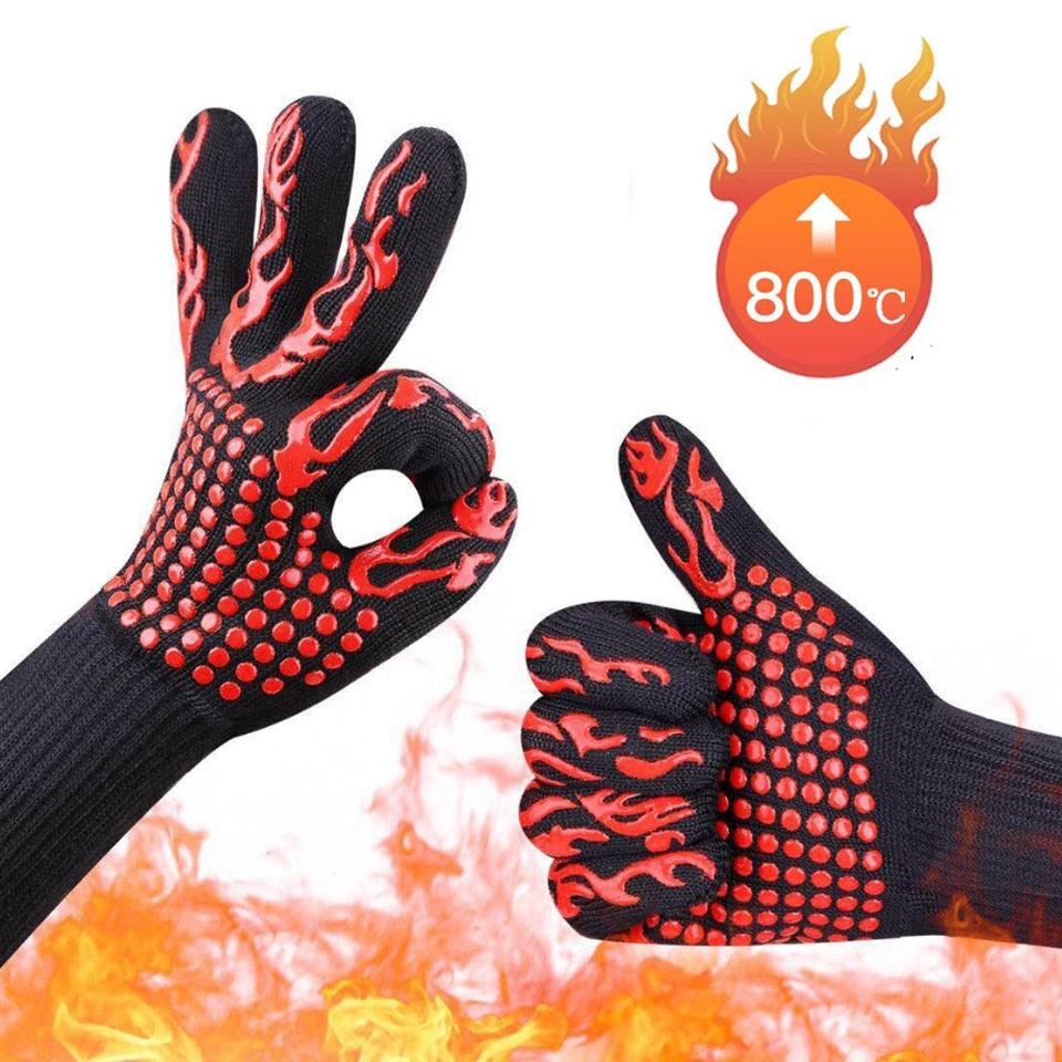 BBQ Gloves High Temperature Resistance Oven Mitts 500 800 Degrees Fireproof Barbecue Heat Insulation Microwave Oven Gloves Silicone Non-Slip Kitchen Cooking Gloves for Barbecue Cooking