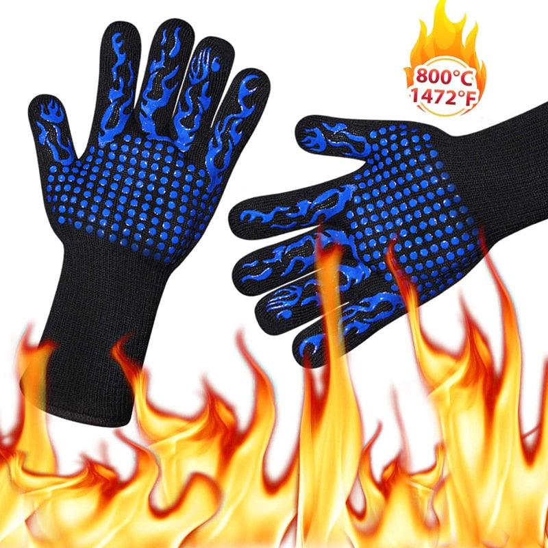 BBQ Gloves High Temperature Resistance Oven Mitts 500 800 Degrees Fireproof Barbecue Heat Insulation Microwave Oven Gloves Silicone Non-Slip Kitchen Cooking Gloves for Barbecue Cooking