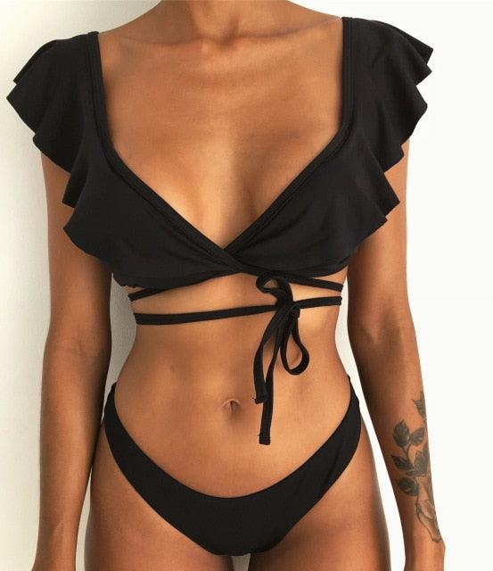 Beach Bikini Woman Lace Up Tie Strapless Leopard Swimsuit  Women's Halter Bikini V Cut Bottom Lace Up Two Piece Swimsuits Female Push Up Ruffled Bow Bathing Suit Thong Swimwear