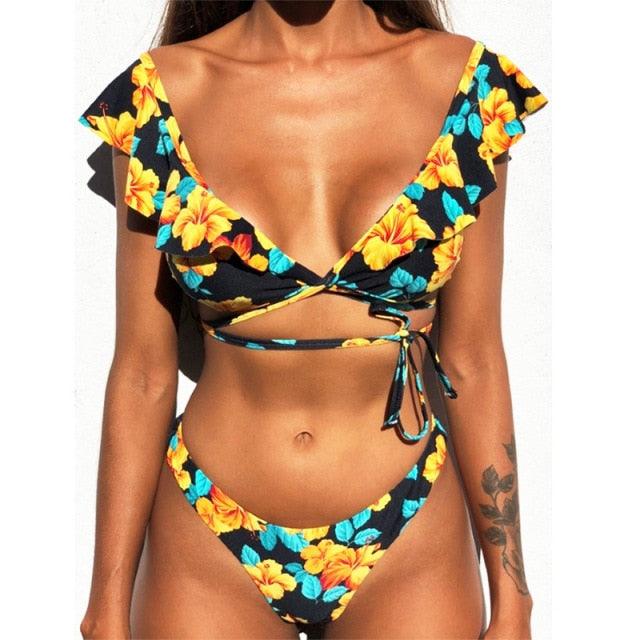 Beach Bikini Woman Lace Up Tie Strapless Leopard Swimsuit  Women's Halter Bikini V Cut Bottom Lace Up Two Piece Swimsuits Female Push Up Ruffled Bow Bathing Suit Thong Swimwear