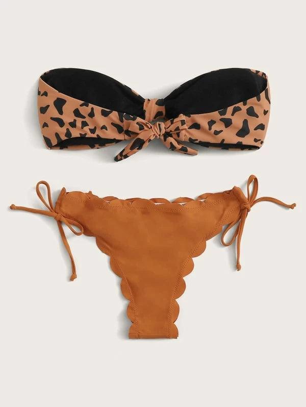 Beach Bikini Woman Lace Up Tie Strapless Leopard Swimsuit  Women's Halter Bikini V Cut Bottom Lace Up Two Piece Swimsuits Female Push Up Ruffled Bow Bathing Suit Thong Swimwear