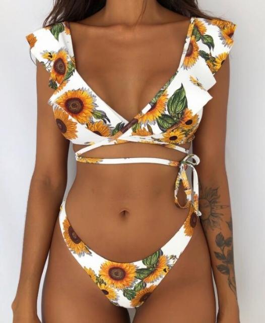 Beach Bikini Woman Lace Up Tie Strapless Leopard Swimsuit  Women's Halter Bikini V Cut Bottom Lace Up Two Piece Swimsuits Female Push Up Ruffled Bow Bathing Suit Thong Swimwear