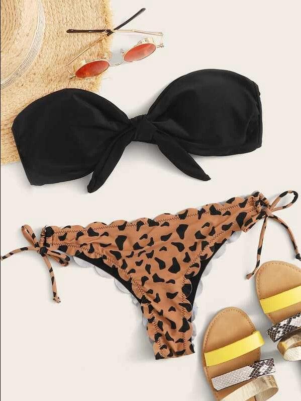 Beach Bikini Woman Lace Up Tie Strapless Leopard Swimsuit  Women's Halter Bikini V Cut Bottom Lace Up Two Piece Swimsuits Female Push Up Ruffled Bow Bathing Suit Thong Swimwear