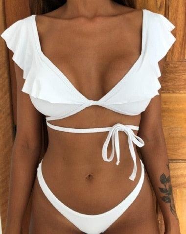 Beach Bikini Woman Lace Up Tie Strapless Leopard Swimsuit  Women's Halter Bikini V Cut Bottom Lace Up Two Piece Swimsuits Female Push Up Ruffled Bow Bathing Suit Thong Swimwear