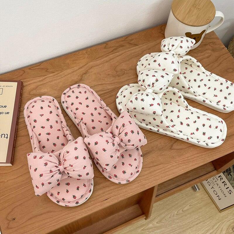 Beautiful Bow Flat Lightweight Soft Spring Autumn Women Cotton Shoes Indoor Fluffy Warm Home Comfortable High Quality Slippers Memory Foam Open Toe Slide Slippers Ribbon Strap  Slip-On House Shoes