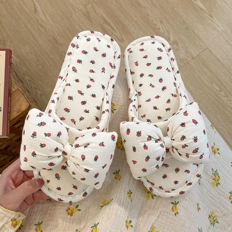 Beautiful Bow Flat Lightweight Soft Spring Autumn Women Cotton Shoes Indoor Fluffy Warm Home Comfortable High Quality Slippers Memory Foam Open Toe Slide Slippers Ribbon Strap  Slip-On House Shoes