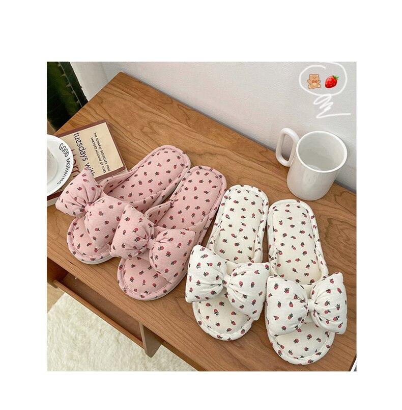 Beautiful Bow Flat Lightweight Soft Spring Autumn Women Cotton Shoes Indoor Fluffy Warm Home Comfortable High Quality Slippers Memory Foam Open Toe Slide Slippers Ribbon Strap  Slip-On House Shoes